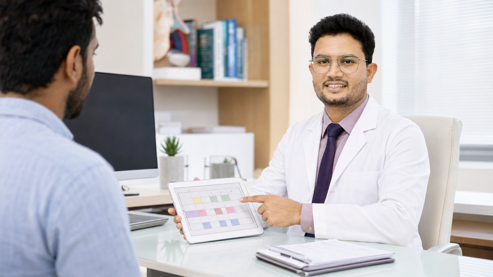 Dr. Harish Kancharla, medical oncologist, reviewing a chemotherapy treatment plan